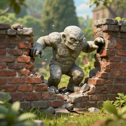 a stone golem crashing through a brick wall. fantasy/low angle/tilt shift/garden/photorealism