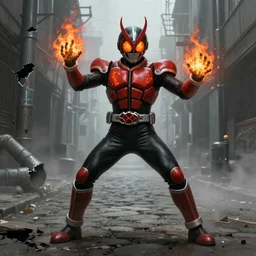 character portrait of a demonic monster kamen rider with fire eyes doing a henshin pose with fire hands standing in a misty cobblestone street, wielding fire, matte painting, dramatic lighting, 8 k, rubber suit, digital painting, concept art, muted colors, red colors, moody colors, broken pipes, in the style of frank frazetta