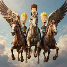 hyperrealistic image of beavis and butthead descending from the sky on winged horses, by thomas eakes & xiang duan & mike judge, perfect symmetry, dim volumetric lighting, photorealistic, 8 k octane beautifully detailed render, post - processing, extremely hyper - detailed, intricate, epic composition, cinematic lighting, masterpiece, trending on artstation, incredibly detailed, stunning,
