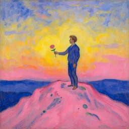 a french man standing on a pink mountain top and handing a flower, georges seurat style, sunset light, colourfull photo.