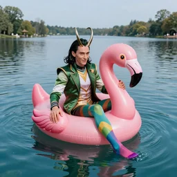 Loki  sitting on a flamingo pool float in a beautiful lake wearing colorful stockings