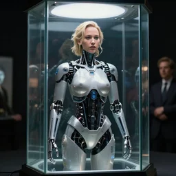 cybernetic jennifer lawrence trapped in a glass box, style of moebius, james jean, mcbess, cinematic, highly detailed, award winning, 8 k photorealistic