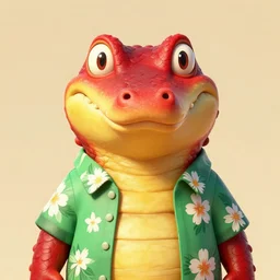 in the style of artgerm, loish, and ross tran, anthropomorphic alligator, symmetrical face, symmetrical eyes, red scales on his back, yellow scale on his belly and chest, male, waring a hawaiian shirt, in the style of zootopia