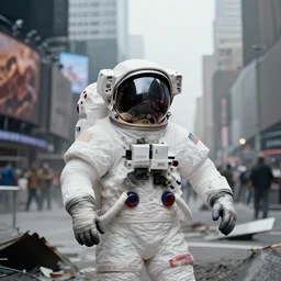 american white spacesuit astronaut with oversized helmet in postapocalyptic times square, telephoto bokeh, deep overcast, foggy, by steve mccurry, by nasa