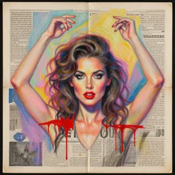 a surreal collage newspaper cut out painting made of a women looking at the camera in 1 9 8 0 s, papermade, handmade art, drawing, illustration, fine art, high detailed image, canvas, oil pastel colors, volumetric light, pencil strokes, red dripping paint, high quality, sharp focus, retro neon colores, abstract background, hands dancing, symmetrical drawing, hand lettering, craftsmenship, golden, pastel coloured palette, texture, low grained, paper texture 8 k