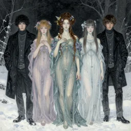 a triad of winter muses ( december, january, and february ), in a style blending æon flux, peter chung, shepard fairey, botticelli, ivan bilibin, and john singer sargent, inspired by pre - raphaelite paintings, shoujo manga, and cool harajuku street fashion, stark frigid landscape, muted and dark colors, ultra ultra ultra detailed, super ultra fine inking lines, ethereal and otherworldly, beautiful beautiful beautiful beautiful beautiful beautiful, 4 k extremely photorealistic, arnold render