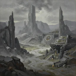 highly detailed scifi landscape by feng zhu, hyper - detailed, sharp, beautiful, desaturated, oil on canvas