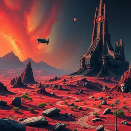 mass effect spaceship landing on exotic alien starbase on jupiter, jagged rocks, sparse plants, weird, creepy, quiet, red color scheme, andromeda krogan nebula aurora, detailed painting bioluminance alena aenami artworks in 4 kby gustave darrow, moebius!! dan mumford thomas kinkade