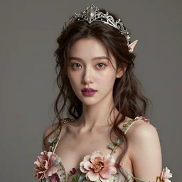 complex 3 d render, ultra detailed, realistic portrait of a beautiful porcelain skin woman, pretty face, wearing alexander mcqueen dress, flowers, wispy, wavy hair worn tied back in a messy bun, wearing filigree silver elven circlet, wide open eyes, mauve lips, natural makeup, 8 5 mm lens, beautiful, studio portrait, nature goddess,