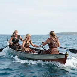 photo of viking women in speed boats hunting, hyper realism, fujifilm velvia 5 0