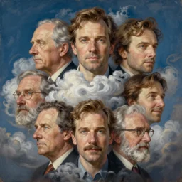 faces formed by clouds, bao phan, piotr jablonski, norman rockwell, tim hildebrandt, dariusz zawadzki, bruce pennington, larry elmore, intricate details, hyperrealistic oil painting on canvas, deep depth field, cinematic composition, hyper - detailed, hd, hdr, 4 k, 8 k