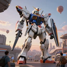 a beautiful hyperrealistic ultradetailed 3 d render of a gigantic mecha guarding a sci - fi spaceport, by masaaki sasamoto : 3, mech, unreal engine, octane render, gigantic, unreal engine, octane render, 3 d, brilliantly coloured, intricate, ultra wide angle, trending on artstation, dusk, volumetric lighting, hdr, polished, micro details, ray tracing, 8 k : 2, people, sphere, balloon, blurry, blur, depth of field, dof, bokeh, obscured, macro : - 1