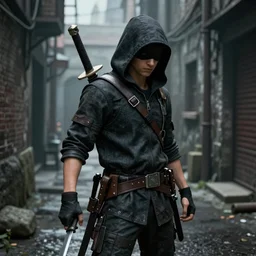 A young boy in thief clothes  with daggers in an alleyway , octane render, high detail, photorealistic, High details,4k