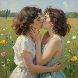 beautiful artwork by robert hagan of two female lovers kissing in a field with flowers