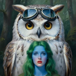 the full body of a giant fat owl and a woman, close up portrait, ww 2 pilot goggles, fine facial features, feathers, symmetrical, sad, blue skin, green hair, in a forrest, inspired by edward hopper and grand budapest hotel, high resolution, octane render, high detailed masterpiece painting