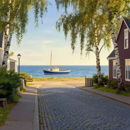 portsmouth new hampshire street facing the ocean, old boat on the ocean, birch trees on sidewalk, cobblestone street, thomas kinkade, digital art, beautiful cinematic lighting, 8 k, octane render, artstation
