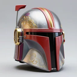an artistic and realistic 8k sculpture of a mandalorian helmet, liquid simulation, bright psychedelic color, dramatic lighting, silver gold red details, filigree, intricate details, cinematic, elegant, micro detail, octane render, filmic, interesting camera angle, 8k post-processing, intricate art by John Collier and Albert Aublet and Krenz Cushart and Alphonse Mucha and Greg Rutkowski