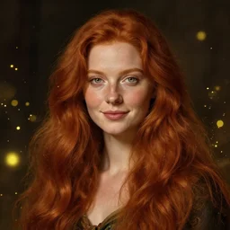 full body portrait of a red haired woman, with long hair, green eyes, hint of freckles, beautiful round face, soft smile, among golden fireflies, highly detailed, deep focus, elegant, digital painting, smooth, sharp focus, golden ratio, dramatic illumination, ultra realistic, 8 k, art by artemisia lomi gentileschi and caravaggio