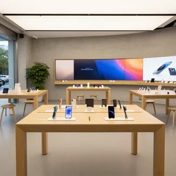 (many mobile phones and tablets on display. large tables. wood and concrete flagship retail interior. empty stools, verdant plants, colorful digital screens) muted colors, wide shot, XF IQ4, 14mm, f/1.4, ISO 200, 1/160s, 8K, RAW, unedited, symmetrical balance, architectural photography