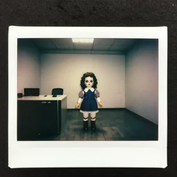 aged polaroid photo of scary doll in empty liminal office rooms,