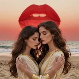 woman love jesus christ, sweet hugs, gold trim, atmoshperic, elegant, sharp focus, sand sea, red sun, huge lips, by ilya ozornin, trending on artstation, intricate details