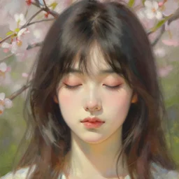 detailed portrait of pretty anime girl, closed eyes, spring light, painting by gaston bussiere, craig mullins, j. c. leyendecker