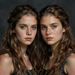 realistic and frontal digital portrait of adult twins in the apocalypse.