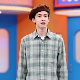 a thin guy with a big nose and an overbite wearing a brown beret and a palid green plaid shirt stand up participating on a tv show, coloful, vibrant colors