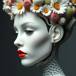 biomechanical beautiful woman portrait with a smooth carved porcelain ivory profile face, futuristic haute couture, iris van herpin, headdress with daisies, colorful puffballs, mushrooms, rhizomorphs, brackets, sponge corals, laser cut paper lace collar, red lips, fine gold details, octane render, hyper detailed, ultra sharp, 8 k, uhd
