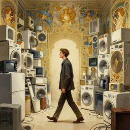 a beautiful illustration of a man walking in a room filled with hundreds of appliances, intricate, sharp focus, illustration, highly detailed, digital painting, concept art, matte, art by wlop and artgerm and greg rutkowski and alphonse mucha, masterpiece