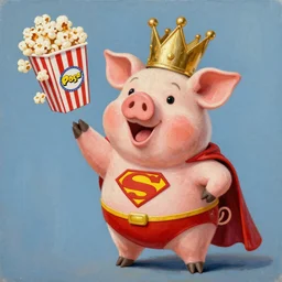 lisa frank superhero pose pig wearing a gold crown throwing pop corn painting by android jones