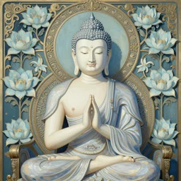 breathtaking detailed concept art painting art deco pattern a beautiful buddha with pale skin on sitted on an intricate metal throne, hands pressed together in bow, light - blue flowers with kind piercing eyes and blend of flowers and birds, by hsiao - ron cheng and john james audubon, bizarre compositions, exquisite detail, volumetric lighting, 8 k h 1 0 2 4