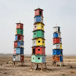towers made up of makeshift squatter shacks with bright colours, suspended on a barren field, mamiya 8 5 mm, f 1 1, uniform plain sky, bird's eye view, fine details, photographed by julie blackmon