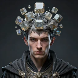 portrait of wizard with ion stone cubes orbiting head, intricate abstract. intricate artwork, by tooth wu, wlop, beeple, dan mumford. concept art, octane render, trending on artstation, greg rutkowski very coherent symmetrical artwork. cinematic, key art, hyper realism, high detail, octane render, 8 k, iridescent accents
