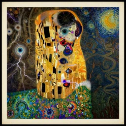The Lost Souvenir by Karol Bak, Jean Deville, Gustav Klimt, and Vincent Van Gogh, mystic eye, otherworldly, vintage well-worn postcard, lightning, fractal structures, arcane, inferno, inscribed runes, infernal relics, ornate gilded medieval icon, third eye, spirals