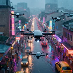 3 d vfx art of flying drones above a bustling, rainy - a neon lit - ajegunle street in nigeria, cinestill 8 0 0 t photograph, unreal engine render, digital illustration, illustration style by mike winkelmann, sharp, intricate detail, volumetric light, ray tracing, soft light, colourful, surreal environment, first person view,
