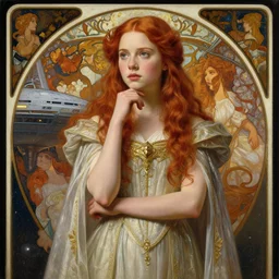 a realistic portrait painting of a thoughtful girl resembling a young, shy, redheaded alicia vikander or millie bobby brown as a space princess wearing an incredible gown on a starship, from the latest star wars movie, highly detailed, intricate, by bouguereau, alphonse mucha, and donato giancola