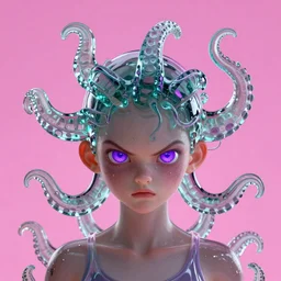artstation young teen with purple eyes and tentacles on her head in fury, very detailed, in glass , portrait, high contrast, vibrant, pink background