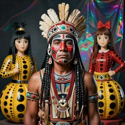 a portrait of a Selk'nam with a Capirote, by Al Feldstein , Yayoi Kusama , Lisa Frank , studio ghibli, Award winning photo, iridiscense, german experssionism, Houdini algorithmic generative render, dramatic lighting, Accurate and detailed, sharp focus, octane render 8k ,