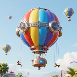 large colorful futuristic space age metallic steampunk steam - powered balloons with pipework and electrical wiring around the outside, and people on rope swings underneath, flying high over the beautiful moscow city landscape, professional photography, 8 0 mm telephoto lens, realistic, detailed, photorealistic, photojournalism
