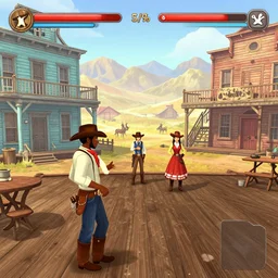 screenshot of gameplay dating simulator game set in 1 8 5 4, interior of old west saloon, featuring african american and japanese cowboys and cowgirls in ghost town with buildings painted bright pastel colors, morning light with mountains in the background