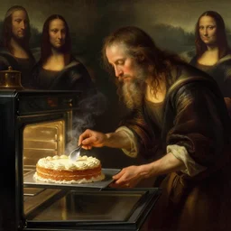 a conjured god is baking a cake in the oven, digital painting masterpiece by rembrandt, michelangelo, leonardo da vinci, perfect, gorgeous, cinematic