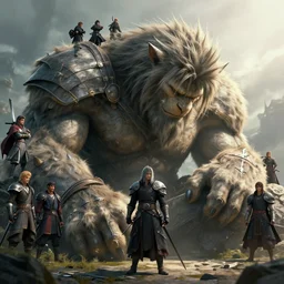 a fancy portrait of a slumbering giant being guarded by a small worrior by Greg Rutkowski, Sung Choi, Mitchell Mohrhauser, Maciej Kuciara, Johnson Ting, Maxim Verehin, Peter Konig, final fantasy, Marco lense , 8k photorealistic, cinematic lighting, HD, high details, atmospheric , trending on artstation