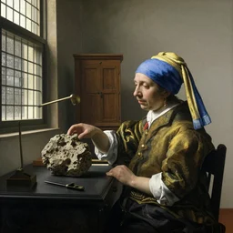 An oil painting of Antonie van Leeuwenhoek sat at an escritoire desk with his hand touching a large fossil, there is a window with muntins to his left and a wood closet behind him, in the style of The Astronomer by Vermeer, Dutch Golden Age, Old Masters