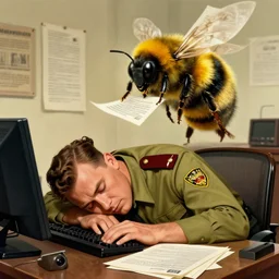 a security guard slumps sleeping at a computer while a man sized bumblebee steals official documents in the background, highly detailed, ww 2 american propoganda poster