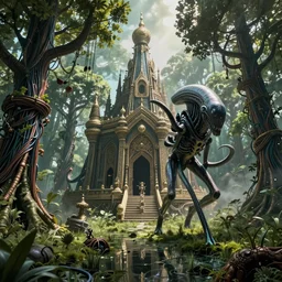 Ancient technomancer temple in a Swamp full of trees made out of thousands of wires and pipes, Large Xenomorph approaching, concept art from Aliens by James Cameron