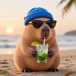 a photorealistic picture of a knitted cute Capybara wearing sunglasses and dressed in a blue beanie cap. The Capybara is also sipping out of a refreshing mojito drink at the beach during sunset. The image is Trending on Artstation, featured on Behance, well-rendered, fine detail, extra crisp image, Unreal Engine, 4K HD