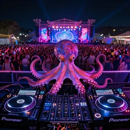 award winning closeup photo of an octopus! as a dj with tentacles! simultaneously placed turntables cdjs and knobs of a pioneer dj mixer. sharp, blue and fuschia colorful lighting, in front of a large crowd, studio, medium format, 8 k detail, volumetric lighting, wide angle, at an outdoor psytrance festival main stage at night, concept art