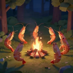 real footage of low poly shrimps dancing around a campfire on the forest at night