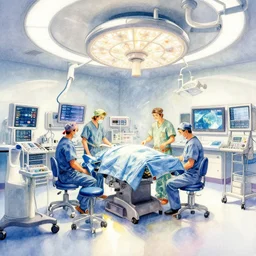 a beautiful insanely intricate watercolor illustration of modern hospital operating room, reflexions, colorfull, by william turner art, by greg rutkowski, by james jean, by rossdraws, by frank franzzeta, by sakimichan, by edmund dulac, trending on artstation, insanely detailed, masterpiece,